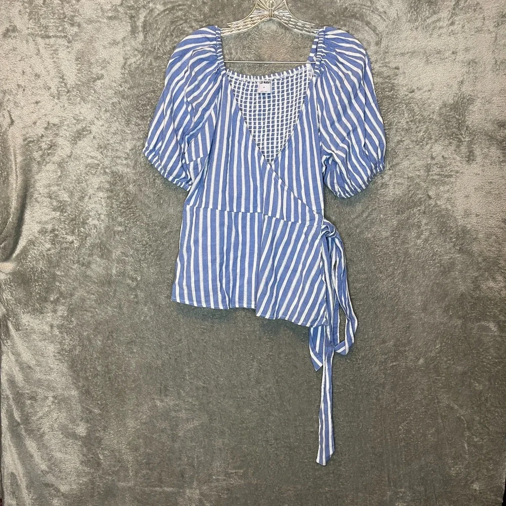 Old Navy Women Nautical Coastal Puff Sleeve Smocked Striped Wrap Blouse Top M